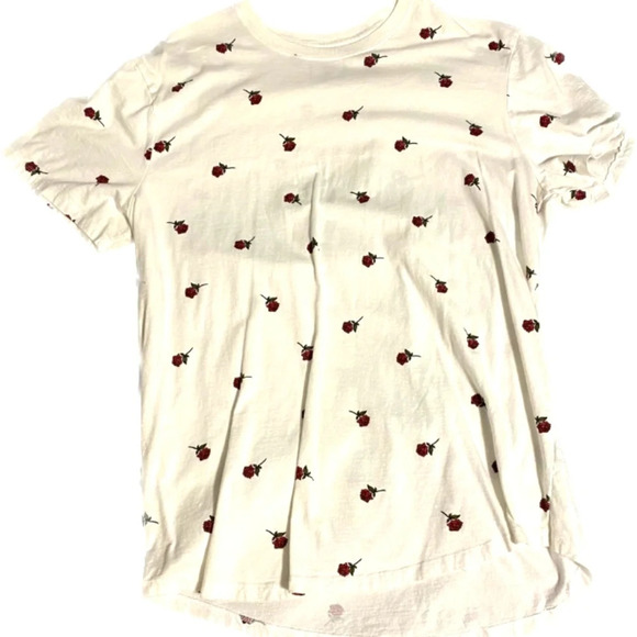 Rue 21 White Tee with Roses Jersey Scoop Hem sz L - Picture 1 of 6